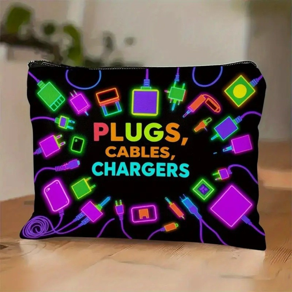 Cosmetic Bags - Neue Canvas-Ladegerät-Aufbewahrungstasche mit Druckdesign, große Kapazität,